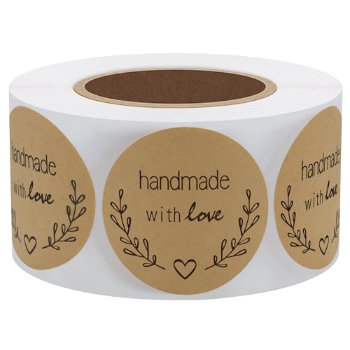 Hybsk Natural Kraft Olive Branch Handmade with Love Stickers 1.5" Round Total 500 Labels on a Roll