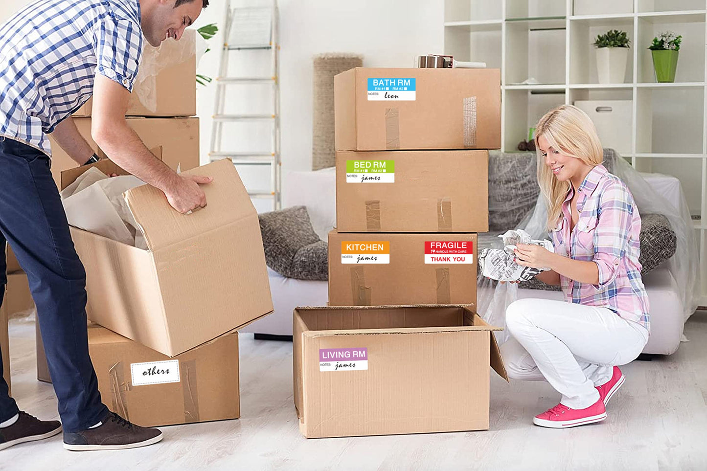 Hybsk 42x90mm Large Home Moving Labels for Boxes Apartment Moving Helper 6 Different Packing Fragile Labels Blank Furniture Labels