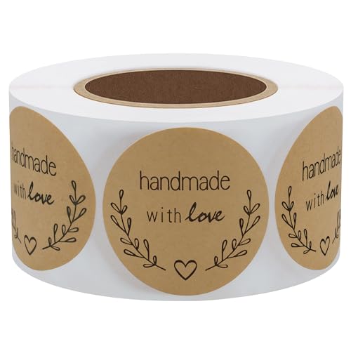 Hybsk Natural Kraft Olive Branch Handmade with Love Stickers 1.5" Round Total 500 Labels on a Roll