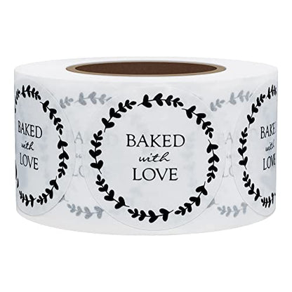 Hybsk Rustic Baked with Love Stickers with Wreath Around 1.5" Inch Round Total 500 Adhesive Labels Per Rol