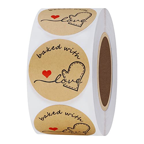 Hybsk Rustic Baked with Love Stickers with Wreath Around 1.5" Inch Round Total 500 Adhesive Labels Per Rol