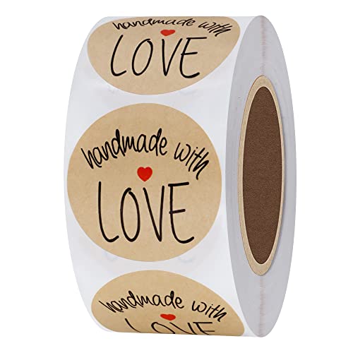 Hybsk Kraft Handmade with Love Stickers with Black Font 1.5" Inch Round Total 500 Adhesive Labels Per Roll