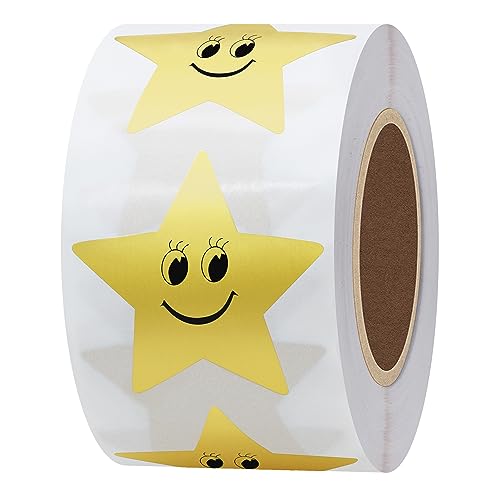 Hybsk Gold Star Smiley Face Stickers 1.5 Inch Total 500 Adhesive Labels Per Roll