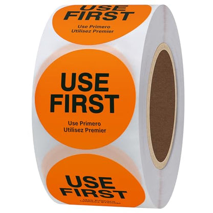 Hybsk Orange "USE First" Trilingual Removable Label 1.5 Inch Total 500 Labels Per Roll