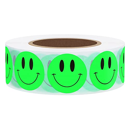 Hybsk 1 Inch Fluorescent Green Smiley Face Stickers Happy Face Stickers Adhesive Labels Total 1,000 Per Roll