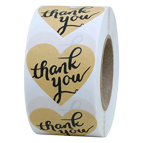 Hybsk(TM) 1.5" Love Heart Shape Kraft Paper Thank You Stickers with Heart Adhesive Label 500 Per Roll