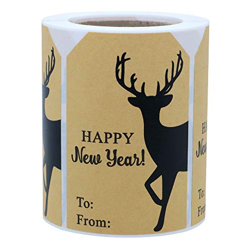 Hybsk Santa Claus Happy New Year Stickers with Elk, Kraft Paper 2 x 3 Inch Christmas Labels 200 Total Labels