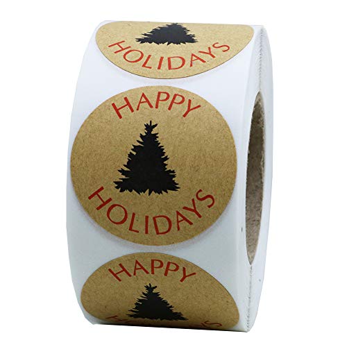 Hybsk Happy Holidays with Single Black Tree Sticker 1.5 inch Round Total 500 Christmas Tags On a Roll