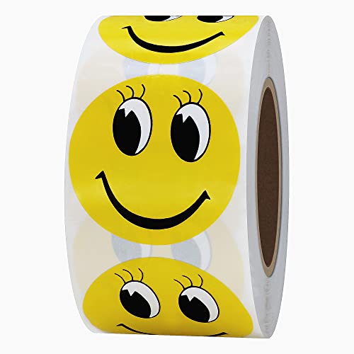 Hybsk Yellow Smiley Face with Eyelash Happy Stickers 1.5" Round Teacher Labels 500 Total Per Roll