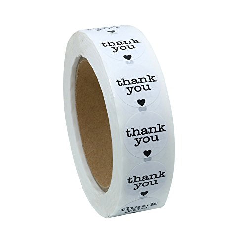 Hybsk Thank You Stickers with Black Heart 1 Inch Round 1,000 Adhesive Labels Per Roll