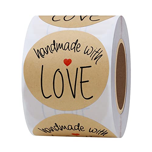 Hybsk Kraft Handmade with Love Stickers with Black Font Total 2" Round 300 Adhesive Labels Per Roll