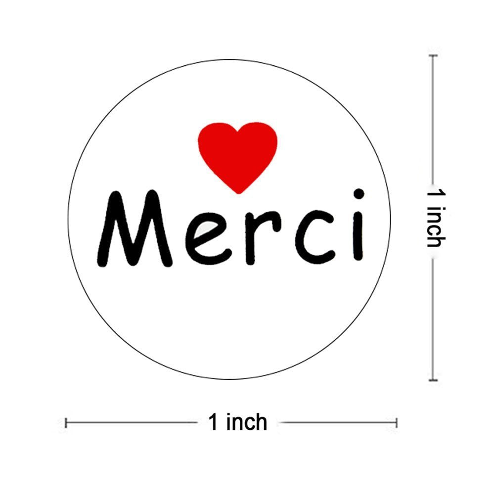 Hybsk 1 Inch Round French Thank You Merci Stickers White Adhesive Labels with Red Heart 1,000 Labels Per Roll