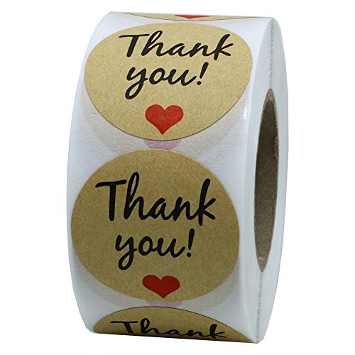Hybsk 1.5" Inch Round Kraft Paper Thank You with Red Heart Stickers Total 500 Adhesive Labels Per Roll