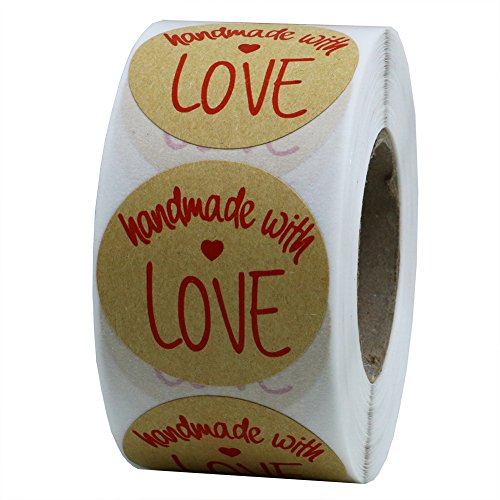 Hybsk 1.5 Inch Round Kraft Paper Handmade with Love Stickers with Red Font (1 Roll)