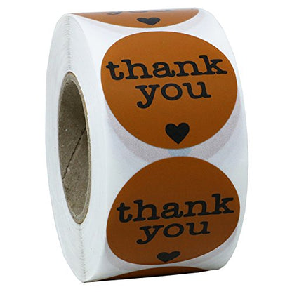 Hybsk 1.5" Round Brown Kraft Paper Thank You Stickers with Heart Adhesive Labels