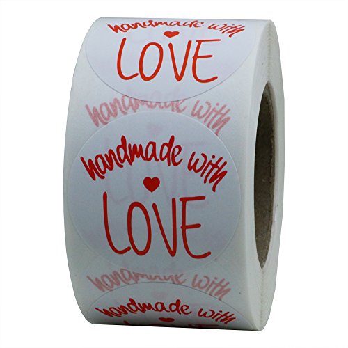 Hybsk 1.5 Inch Round White Paper Handmade with Love Stickers with Red Font (1 Roll)