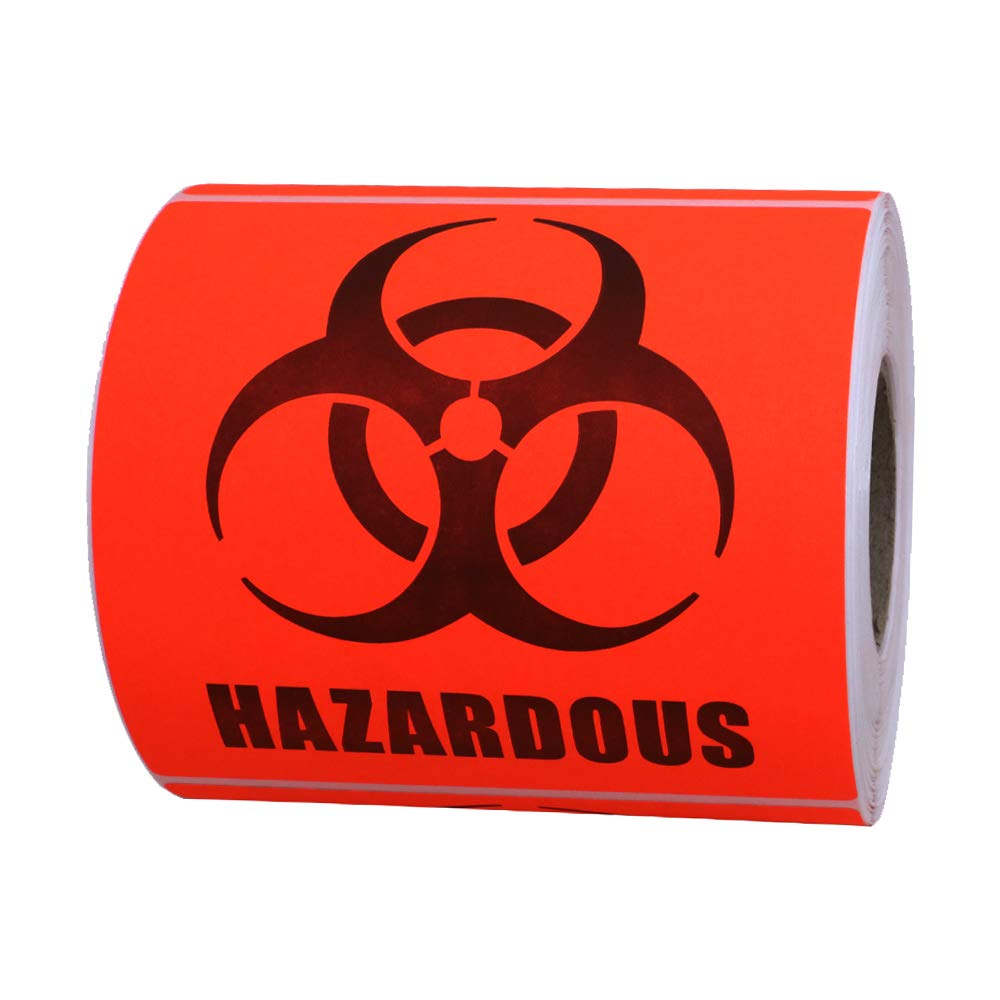 Hybsk Biohazard Warning Labels 4 x 4 inch Fluorescent Red-Orange Hazardous Stickers | 100 Labels/Roll