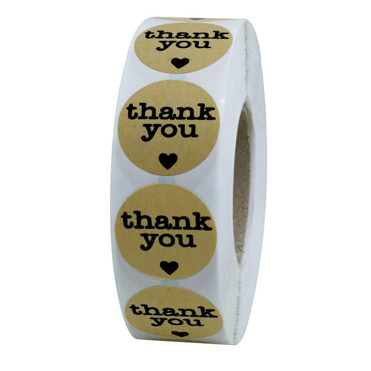 Hybsk Thank You Stickers with Black Heart 1 Inch Round 1,000 Adhesive Labels Per Roll (Kraft(Black Heart))