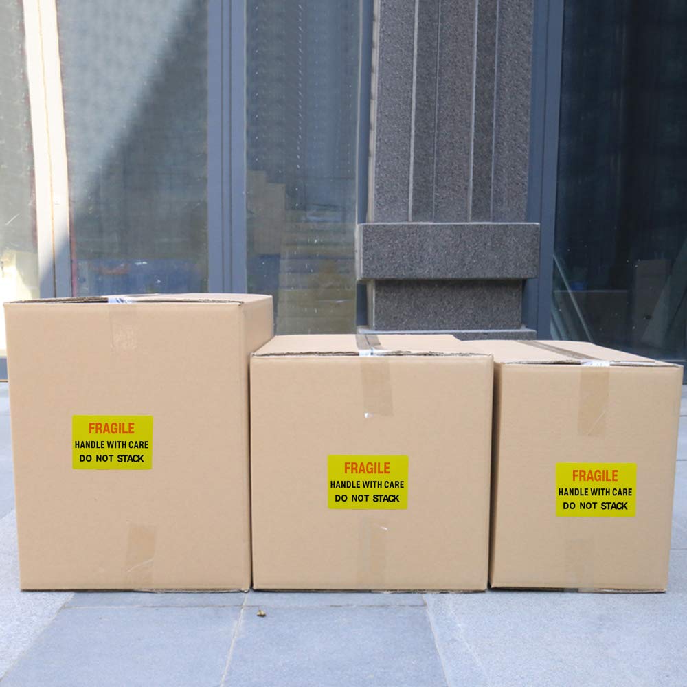 Hybsk 2x3 inch 300pcs Fragile Stickers for Shipping Moving Handle with Care Do Not Stack Yellow Warning Labels