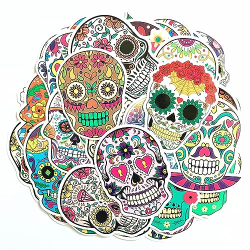 Hybsk Sugar Skull Stickers Laptop Skull Decals Dia de Los Muertos Mexican Day of The Dead Sticker Bomb Water Bottle Luggage Bike Computer Skateboard Vinyl Decal (50 Pack)