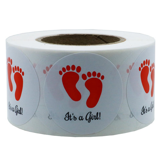 HYBSK Baby Shower Round It is a Girl Red Foot Print Baby Shower Favors 500 Labels