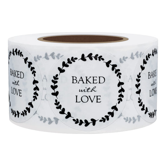 Hybsk Rustic Baked with Love Stickers with Wreath Around 1.5" Inch Round Total 500 Adhesive Labels Per Rol