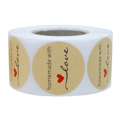 Hybsk Kraft Homemade with Love Stickers 1.5" Inch Round Total 500 Adhesive Labels Per Roll