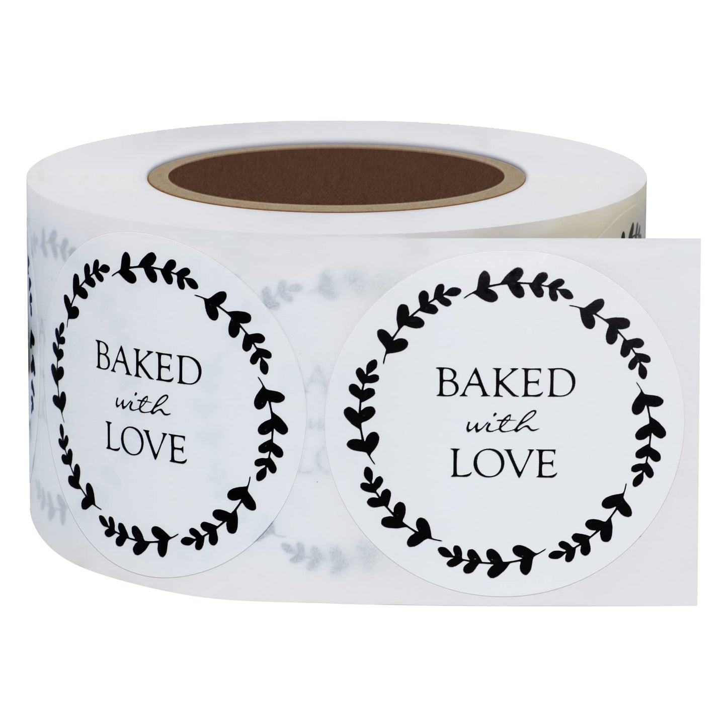 Hybsk Rustic Baked with Love Stickers with Wreath Around 1.5" Inch Round Total 500 Adhesive Labels Per Rol