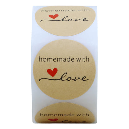 Hybsk Kraft Homemade with Love Stickers 1.5" Inch Round Total 500 Adhesive Labels Per Roll