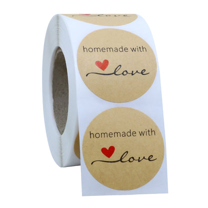 Hybsk Kraft Homemade with Love Stickers 1.5" Inch Round Total 500 Adhesive Labels Per Roll