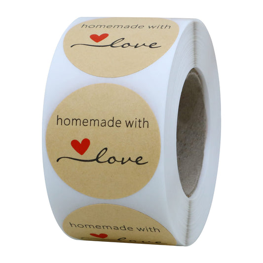 Hybsk Kraft Homemade with Love Stickers 1.5" Inch Round Total 500 Adhesive Labels Per Roll