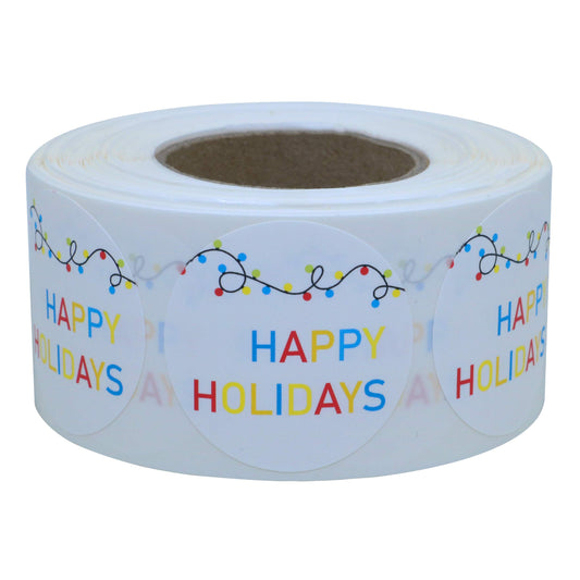 Hybsk Holiday String of Lights Happy Holidays Stickers Merry Christmas Stickers- 1.5" Circle Labels / 500 per Roll