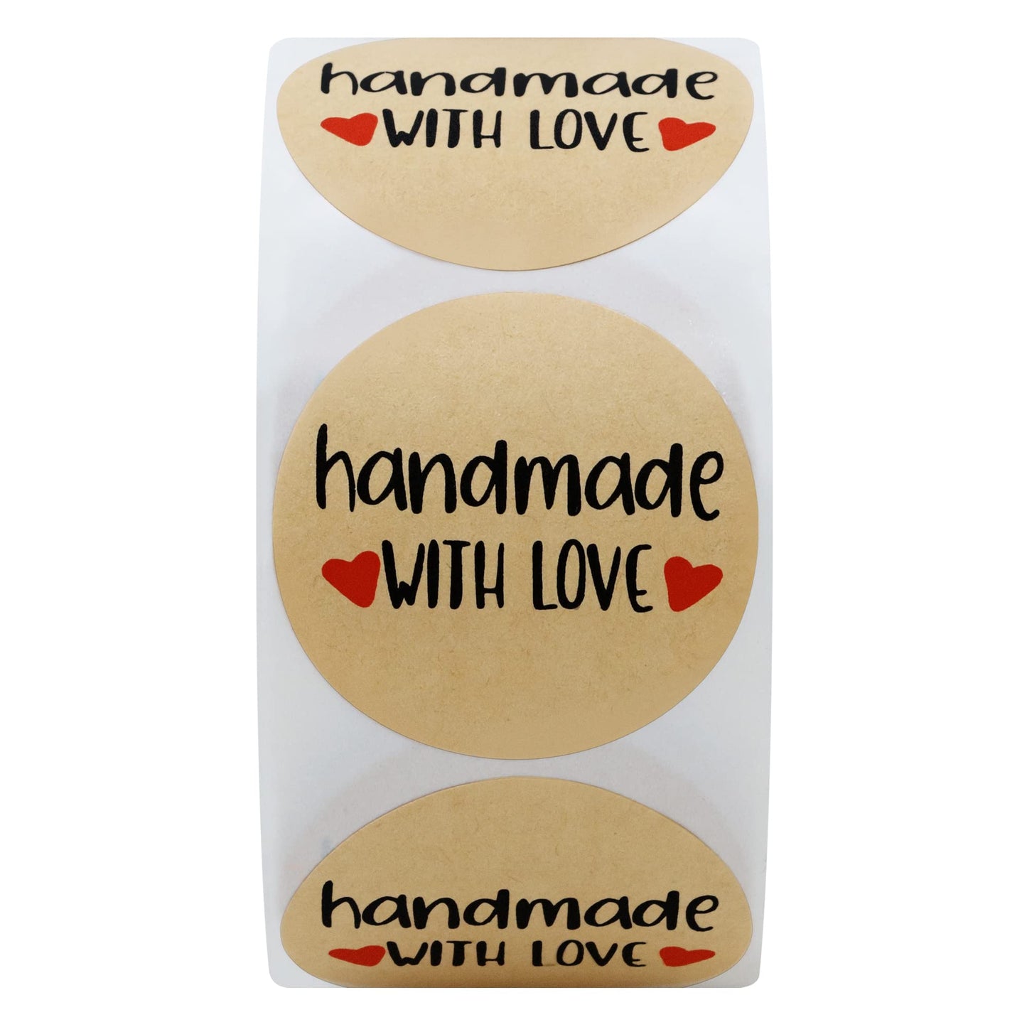 Hybsk Kraft Handmade with Love Stickers with Black Font 1.5" Inch Round Total 500 Adhesive Labels Per Roll