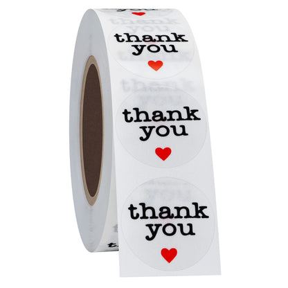 Hybsk Thank You Stickers with Black Heart 1 Inch Round 1,000 Adhesive Labels Per Roll (Transparent Material)