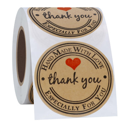 Hybsk Kraft Thank You Hand Made with Love with Red Heart Stickers 2 Inch Round Total 300 Adhesive Labels Per Roll