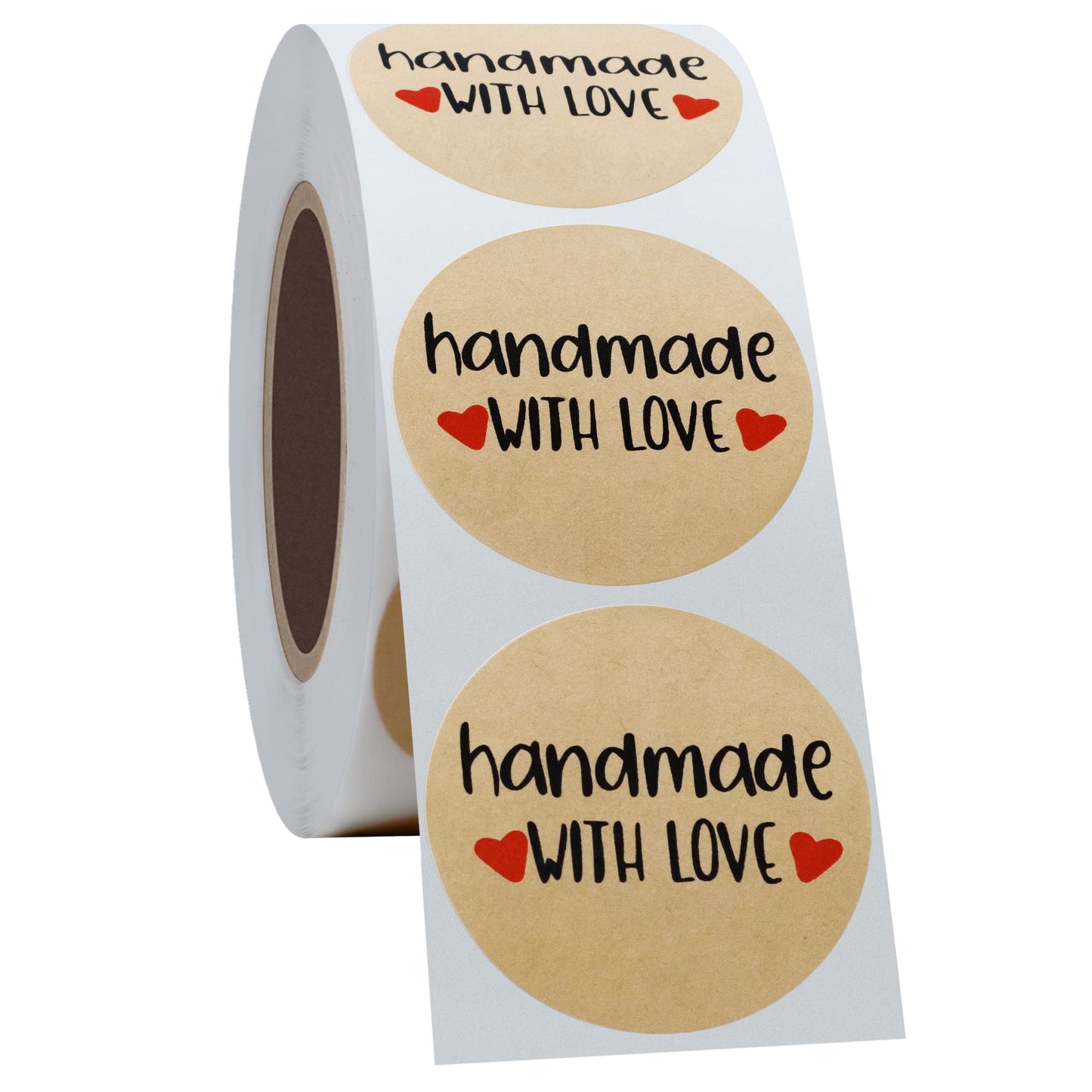 Hybsk Kraft Handmade with Love Stickers with Black Font 1.5" Inch Round Total 500 Adhesive Labels Per Roll