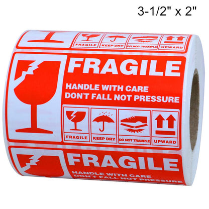 Hybsk 3.5x2 inch Handle with Care Stickers Fragile Do Not Fall Not Pressure Adhesive Label 200 Per Roll