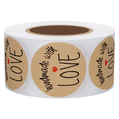 Hybsk Kraft Handmade with Love Stickers with Black Font 1.5" Inch Round Total 500 Adhesive Labels Per Roll