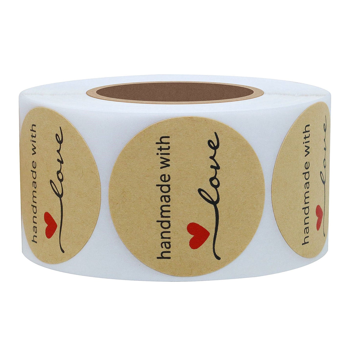 Hybsk Kraft Handmade with Love Stickers 1.5" Inch Round Total 500 Adhesive Labels Per Roll