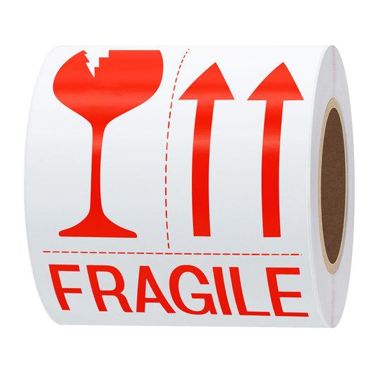 Hybsk 3 x 5 Fragile with Red Arrows Safe Handling Stickers for Shipping and Packing - 100 Adhesive Labels Per Roll