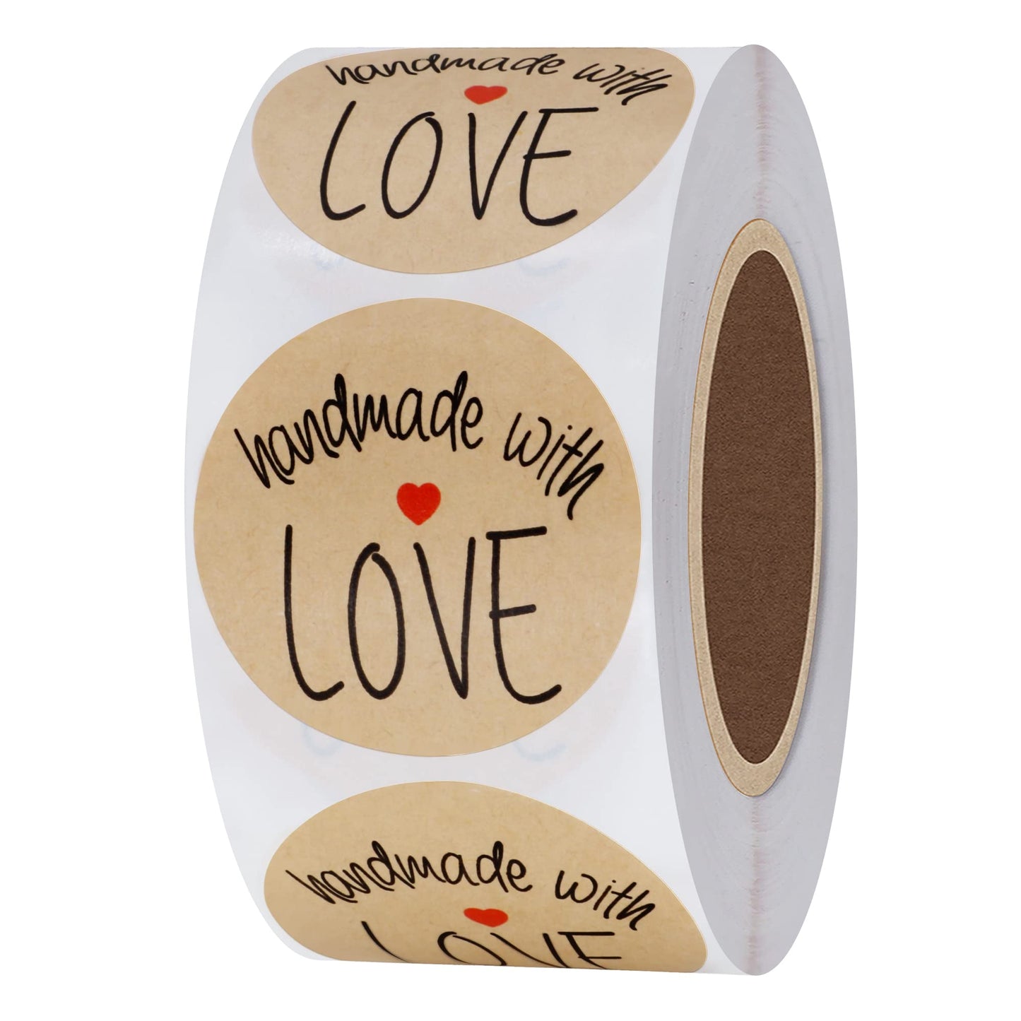 Hybsk Kraft Handmade with Love Stickers with Black Font 1.5" Inch Round Total 500 Adhesive Labels Per Roll