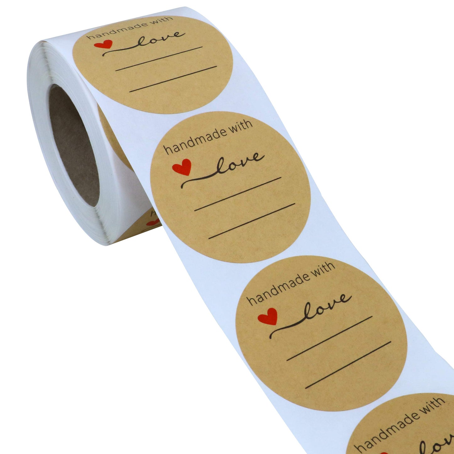 Hybsk Kraft Handmade with Love Stickers with Lines for Writing 2 Inch Round Total 300 Labels Per Roll