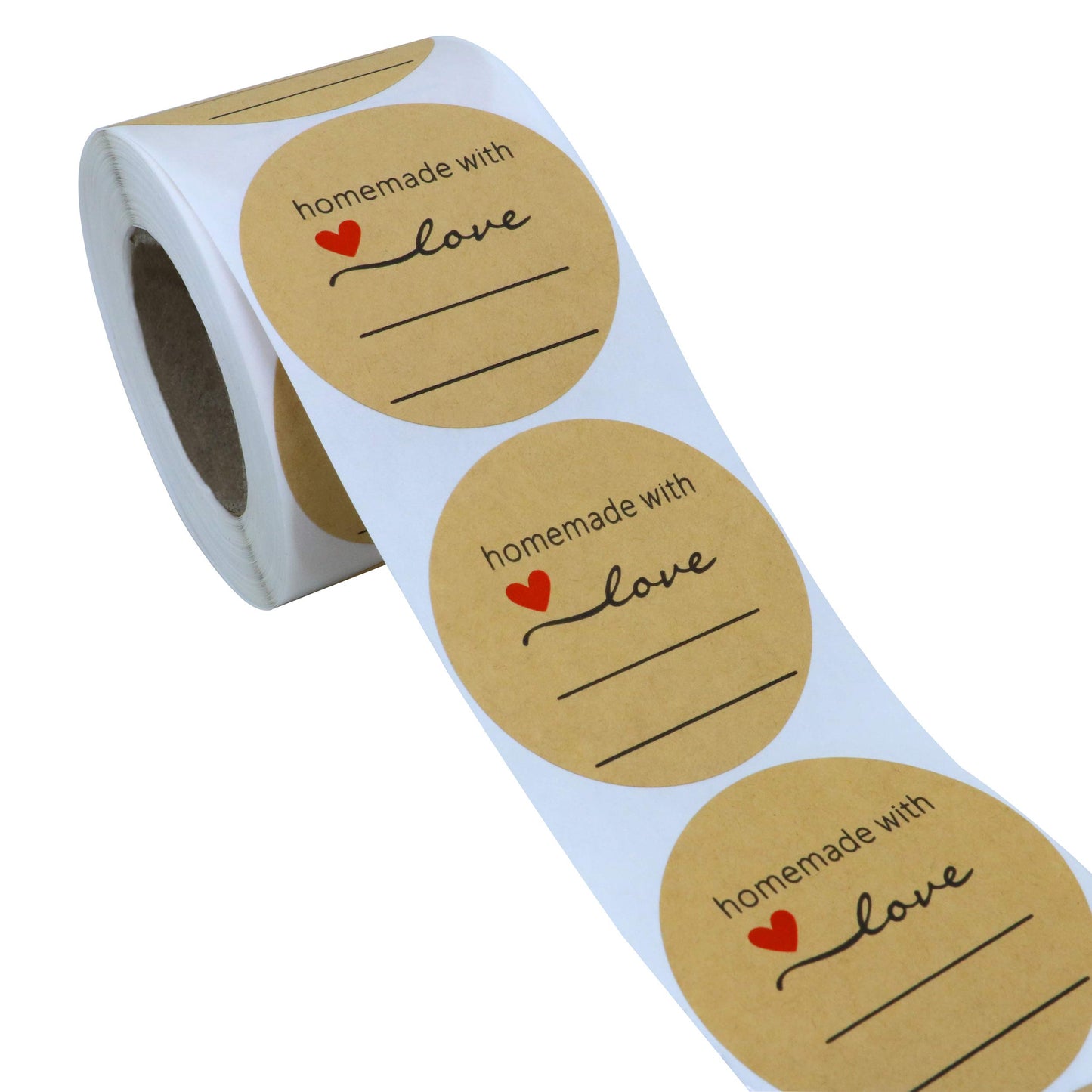 Hybsk Kraft Homemade with Love Stickers with Lines for Writing 2 Inch Round Total 300 Labels Per Roll