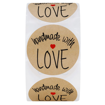 Hybsk Kraft Handmade with Love Stickers with Black Font 1.5" Inch Round Total 500 Adhesive Labels Per Roll