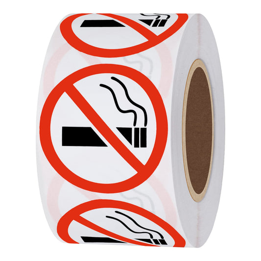 HYBSK No Smoking Logo Warning Stickers 1.5" Round 500 Total Per Roll
