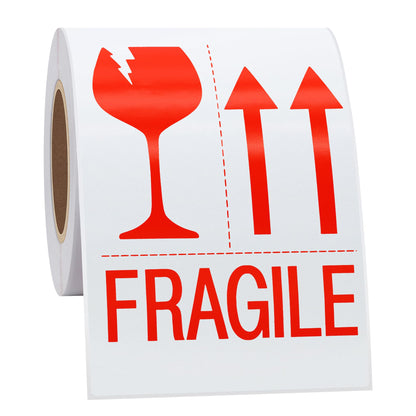 Hybsk 3 x 5 Fragile with Red Arrows Safe Handling Stickers for Shipping and Packing - 100 Adhesive Labels Per Roll