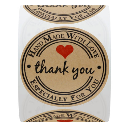 Hybsk Kraft Thank You Hand Made with Love with Red Heart Stickers 2 Inch Round Total 300 Adhesive Labels Per Roll