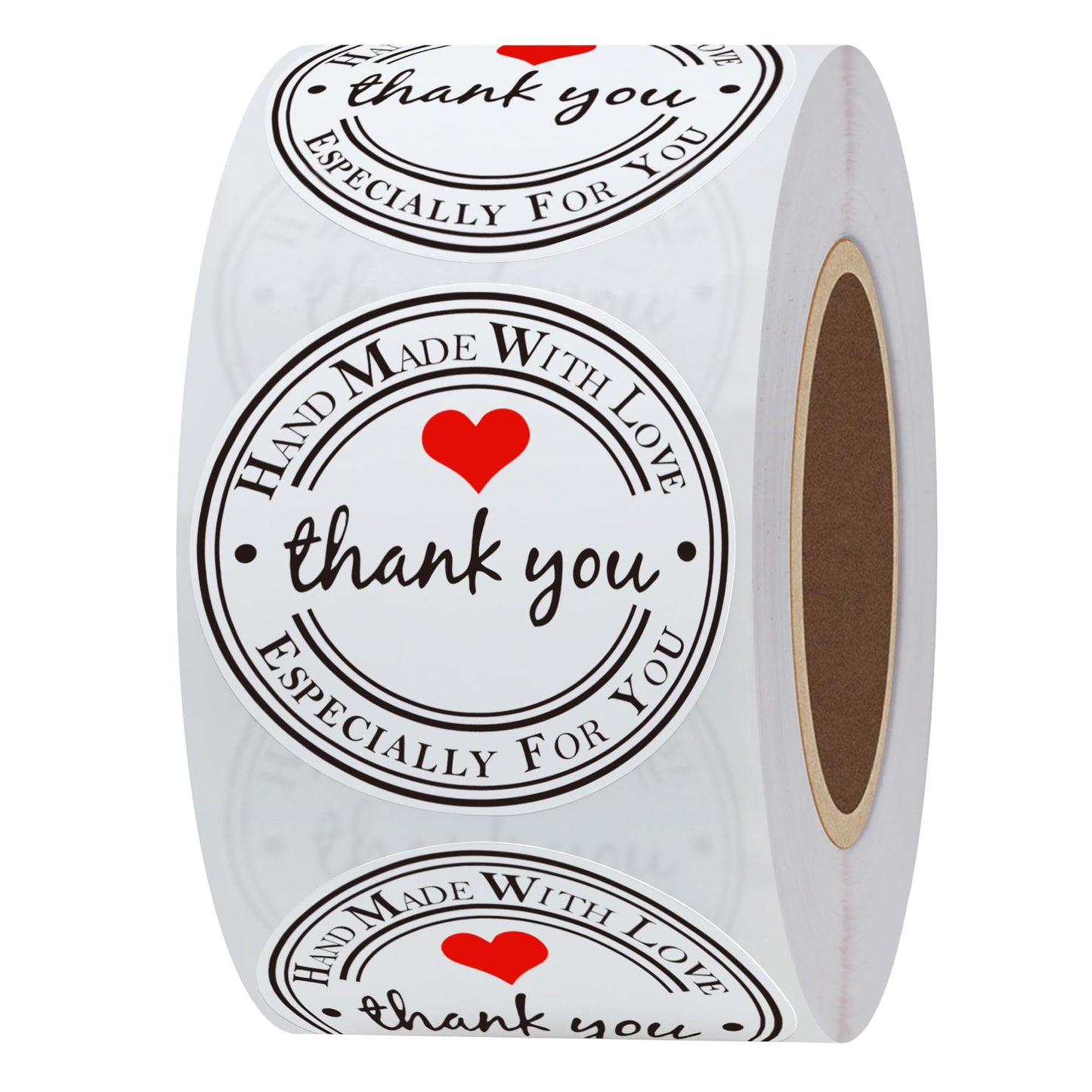 Hybsk Kraft Thank You Hand Made with Love with Red Heart Stickers 1.5" Inch Round Total 500 Adhesive Labels Per Roll