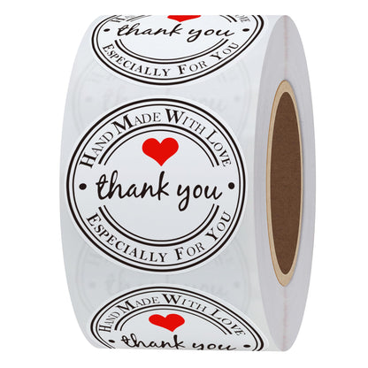 Hybsk Kraft Thank You Hand Made with Love with Red Heart Stickers 1.5" Inch Round Total 500 Adhesive Labels Per Roll