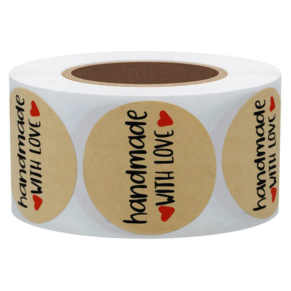 Hybsk Kraft Handmade with Love Stickers with Black Font 1.5" Inch Round Total 500 Adhesive Labels Per Roll